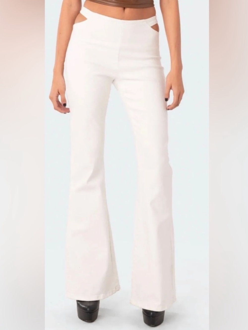Edikted White Cutout Waist Flare Jeans